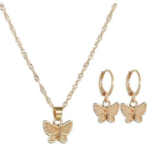 Classic Simple Metal Butterfly Drop Pendent Earrings Necklace Set Korean Neck Ear Jewelry Sets for Women Girls Gift Wholesale