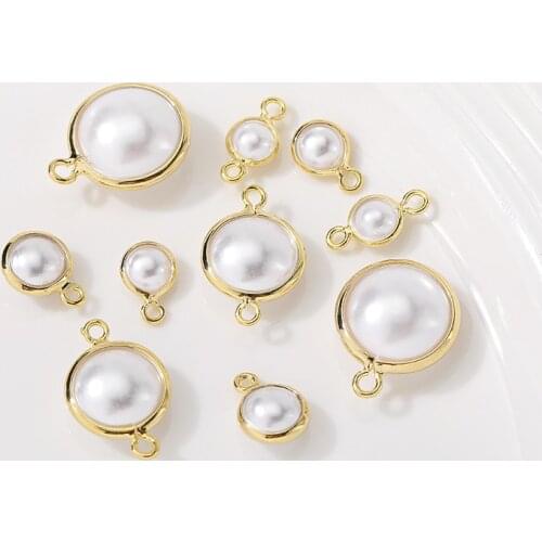 Copper 14K Gold Plated Round Imitation Pearl Shell Charms Connector 10pcs/lot For DIY Fashion Bohemia Jewelry Making Accessories