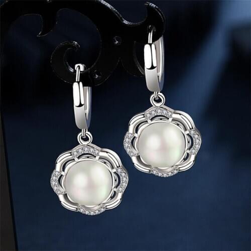 Charm 925 Sterling Silver Earring For Women Jewelry Cute Pearl Flower Drop Earring Girl Princess Bright Zircon Accessories Gift