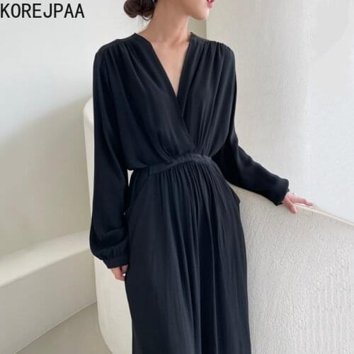 Korejpaa Elegant Women Dress Korea Chic Autumn V-neck Cross Slim Waist Wrinkle Loose Long Sleeve Dresses Solid Color Femme
