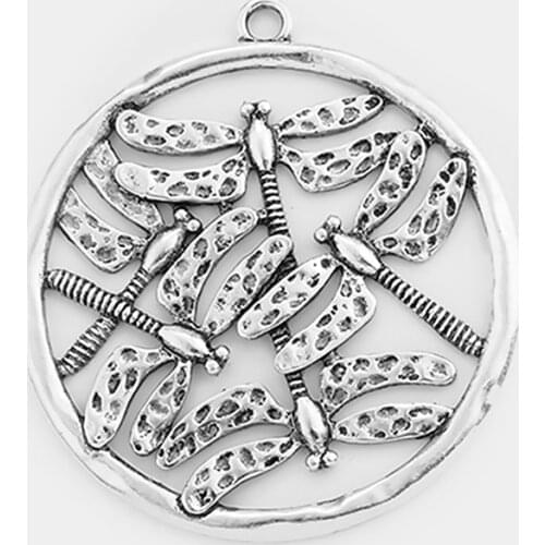 2pcs Large Round Pendant Charms Dragonfly Hammered Craft Hollow Open DIY Necklace Jewelry Making Accessories 64x70mm