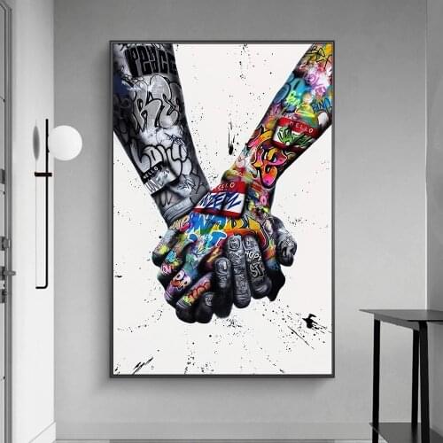 Self-adhesive Wall Stickers Lovers Holding Hands Graffiti Pictures on The Wall Decor Home Abstract Prints Street Art Paintings