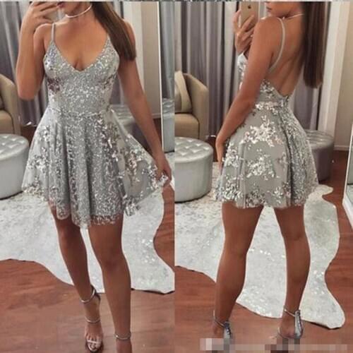 Sexy Short Cocktail Dresses Junior 8th Grade Homecoming Party Dresses Cute Silver Prom Dresses Cheap A-Line Backless Mini Gowns