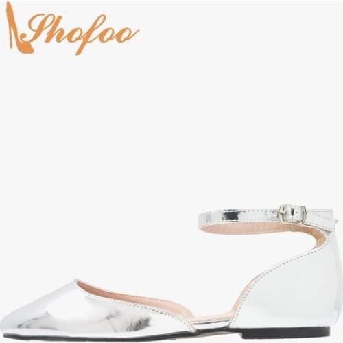 Silver Ankle Wrap Ballet Flat Woman Round Toe Buckle Strap Vegan Leather Large Size 30 36 Ladies Girls Dance Shoes Sweet Casual