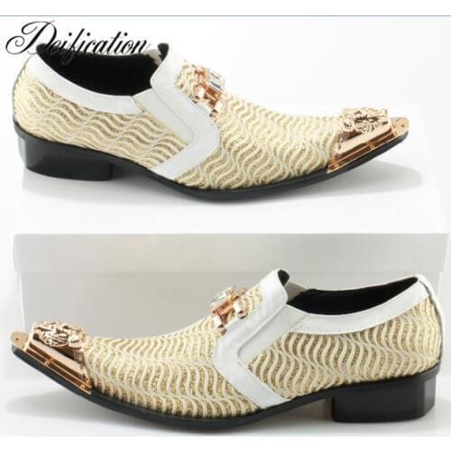 Genuine Leather Glitter Crystal Studded Men Dress Shoes Formal Steel Toe Shoes Luxury Slip On Crystal Men Wedding Dress Shoes
