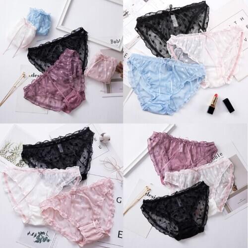 Japanese Women Sexy Sheer Mesh Panties Cute Star Pattern Low Rise Briefs Underwear Kawaii Ribbon Bow Ruffles Lingerie