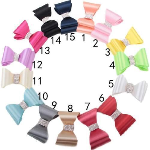 Yundfly 5pcs 3.2" Shiny Luxe Flower Bows With Rhinestone Button Handmade Hard Satin Bow For Kids Girls Hair Accessories