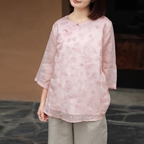 Johnature Women Chinese Style Button Shirts And Tops Embroidery Floral Vintage Ramie Spring Blouses O-Neck Seven Sleeve Shirts