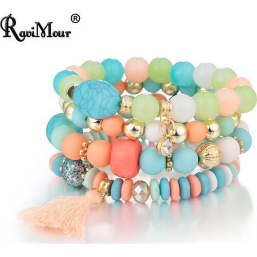 RAVIMOUR Bohemian Women Bracelet Femme Jewelry Tassel Charm Bracelets & Bangles Set Boho Bead Stone Crystal Vintage Pulseiras