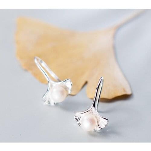 MloveAcc Classic Genuine 925 Sterling Silver Ginkgo Biloba Drop Earrings Women Female Leaf Earrings Pearl Jewelry