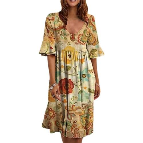 Summer Women Dress Spring Floral Print Short Sleeve Loose Knee-length Dress A-line dress stylish floral print summer dress 2021