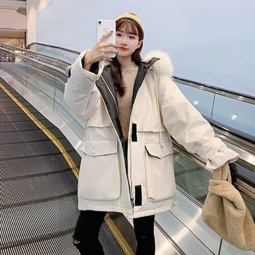 Winter Polyester Womens Coat Hooded Long Sleeve Cardigan Zipper Pockets Solid Loose Thick Korean Style Fashion Casual Coat