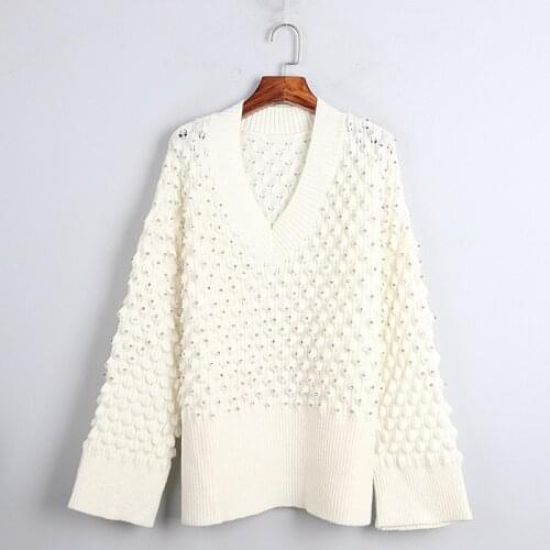 1101 2020 Autumn Sweater Free Shipping V Neck Long Sleeve Kint Beads Black White Fashion Womens Clothes S m L dl