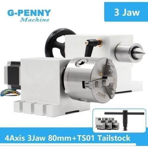 3 Jaw 80mm CNC 4th Axis dividing head/Rotation Axis/A axis kit Nema23 Gapless harmonic gearbox + Tailstock