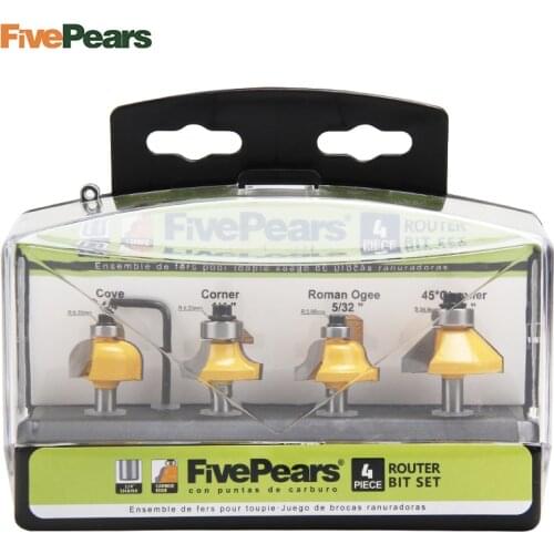 4PCS 1/4" Router Bits Set Milling Cutters for woodworking tool Tungsten Carbide Wood Cutters with Portable Hook Box FIVEPEARS