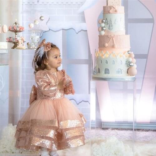 Champagne Glitter Girls Dress Long Sleeves Sequins Girl Birthday Dress Shiny Kids Party Dresses платья для девоче New Year