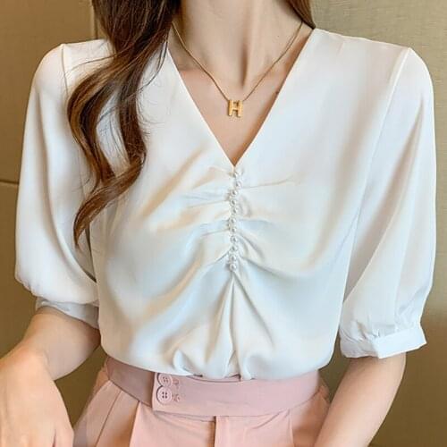 Blouse Women Blouses Short Sleeve White Blouse Tops Women Blusas Mujer De Moda 2021 Beading V-Neck Chiffon Blouse Shirt Top E894