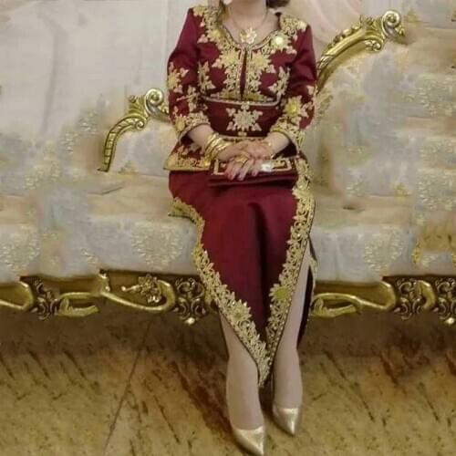 Burgundy Moroccan Kaftan Caftan Muslim Evening Dresses Sheath 3/4 Sleeves Appliques PearlsDubai Arabic Turkey Abaya Islamic Gown