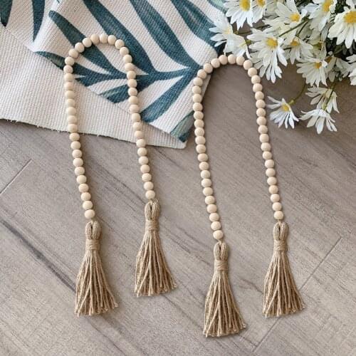 Wood Bead Garlands Wall Hanging Home Decor Bohemia Farmhouse Tassels Rattan Macrame DIY Beads Jute Rustic Country Style Handmade