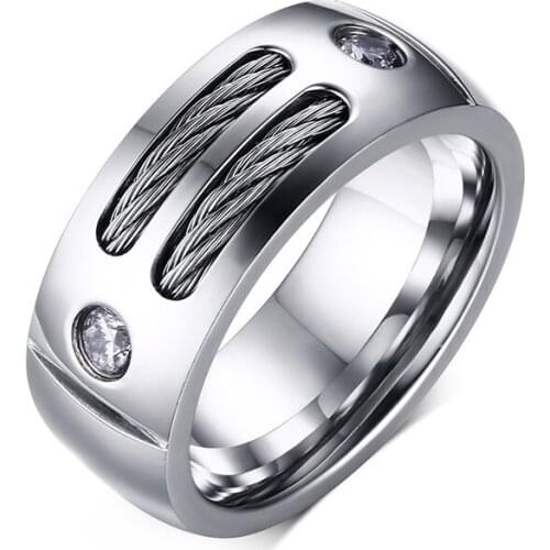 New Fashion Mens Ring Punk Rock Stainless Steel Ring With Wire Cubic Zirconia Party Jewelry Male Gift USA Size 9mm