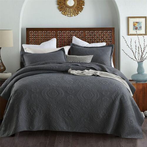 CHAUSUB Gray Bedspreads Quilt Set 3pcs Embossed Cotton Quilts With 2 Pillowcase Bed Cover King Queen Size Quilted Coverlets