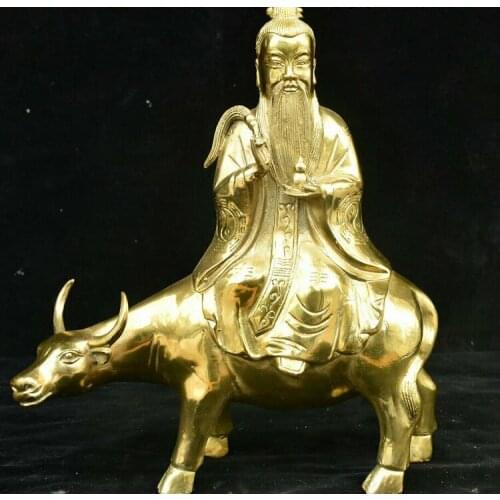 Folk China Temple Copper Brass Taoism Lao-tzu Lao Zi Ride Ox Bull Cattle Statue