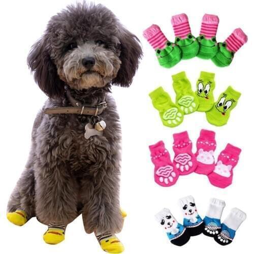 4Pcs Cats Dogs Cotton Warm Anti-Slip Drop Cartoon Pattern Socks Shoes Pet Outdoor Cleaning Protect Supplies