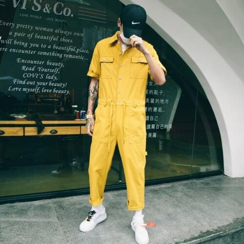 New Fashion Men Rompers Jumpsuit One Piece Overalls Man Short Sleeve Casual Punk Rock Denim Pants Male Clothing Plus Size Yellow