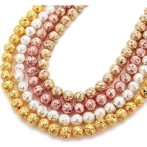 Wholesale 4 6 8 10 12mm Lava Hematite Beads Plating Silve Gold Color Coated Volcanic Rock Stone for DIY Jewelry Making Necklace