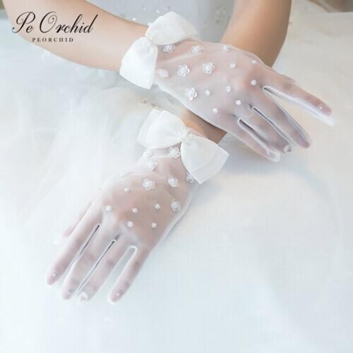 PEORCHID elegant Bridal Gloves Wedding Short Gloves Pearl Sequins Mesh Full finger Women Party Gloves Gant Mariage Femme 2020