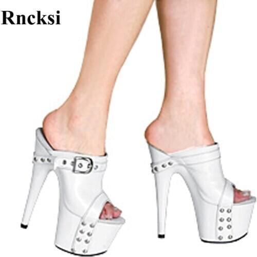 Rncksi Women Platform Open Toe Rivets Shoes 17cm High-Heeled Shoes Sexy Girl Night Club Pole Dance Party Slippers