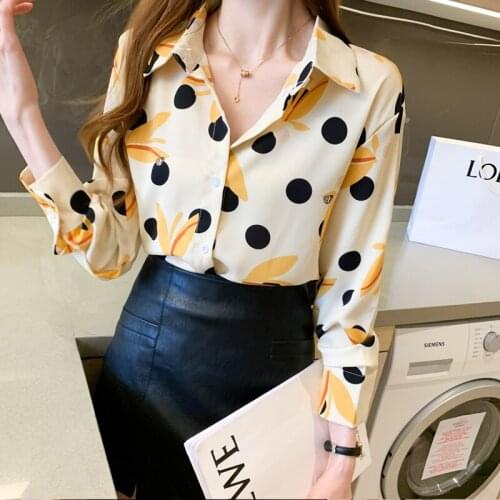 Autumn 2021 New Korean Loose Chiffon Printed Vintage Shirt Long Sleeve Casual Shirts Straight Office Lady Work Wear Clothes