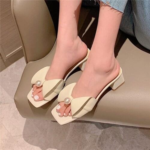 Womens Slipper Summer Bowknot New Thick Bottom Casual Lady Comfortable Beach Slippers Solid Non-slip Pearl High Heels Sandals