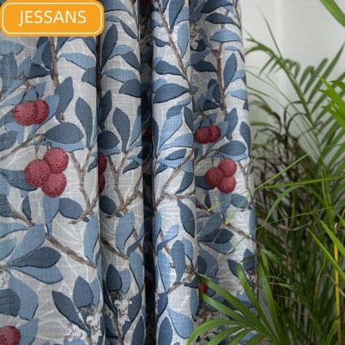 American Country Blue Cotton and Linen Printed Curtains for Living Room Bedroom Kitchen Curtains Customized Finished Products