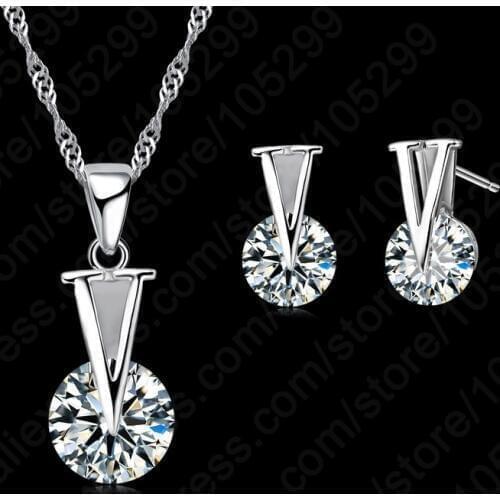 Trendy Woman Jewelry 925 Sterling Silver Round Cubic Chain Necklace Stud Earring Set Wholesale For Wedding Gift
