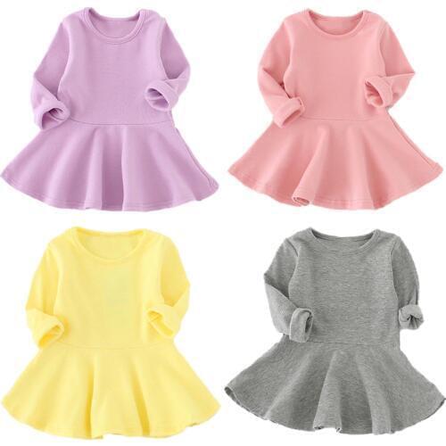Spring Autumn Candy Color Cotton Baby Girl Dresses Long Sleeve Solid Princess Dress Bow-knot O-neck Casual Kids Pleated Dresses