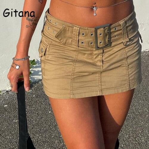 Gitana 2021 Vintage Y2K Denim Mini skirts With Sashes Women Khaki Low Waist Fairy Grunge Short Skirts Casual Sexy Lady Clubwear