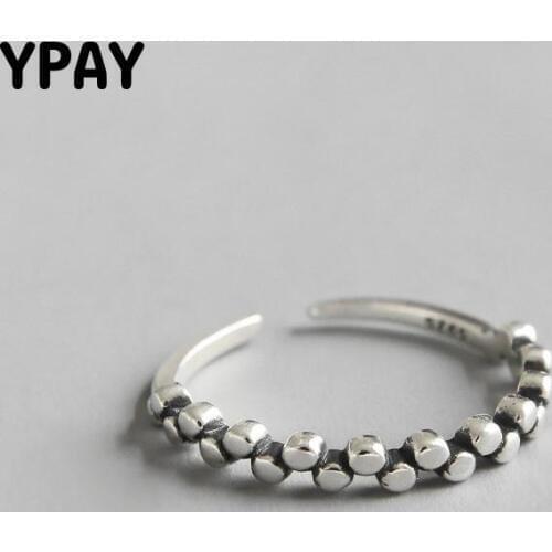 YPAY Genuine 100% 925 Sterling Silver Adjustable Rings for Women Men Vintage Little Round Beads Midi Finger Ring Jewelry YMR714