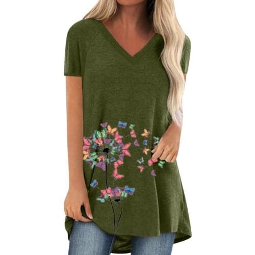 Midi T-shirt Butterflies Print V Neck Women Loose Short Sleeve All Match Top for Daily Wear