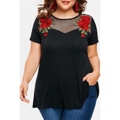 2021 Plus Size Tunic Tops Women See Through Patchwork O Neck Loose Tops High Street Embroidery Floral Short Sleeve Female Tees