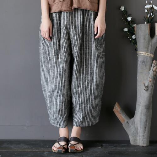 Johnature 2021 New Summer Women Cotton Linen Harem Pants Casual Loose Striped Women Trouser Elastic Waist