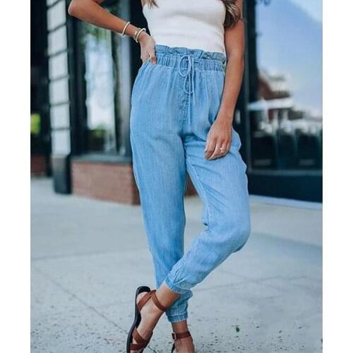 Womens Lace Up Slim Pants Streetwear Streetwear High Waist Trousers Female Loose Denim Pants Stretchy Trousers Sweatpants