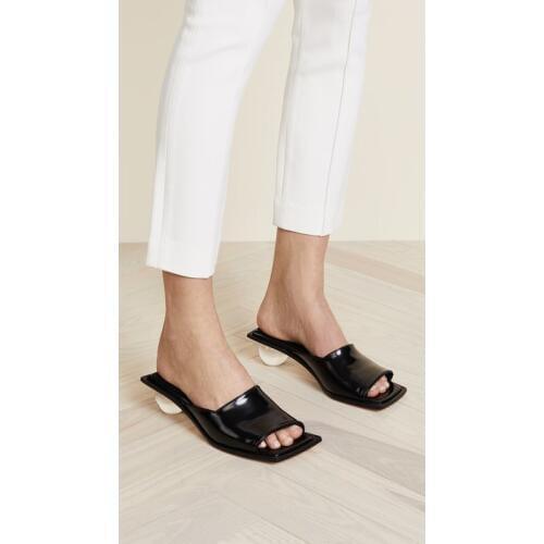 Crystal Ball Heel Slipper Muller Shoes Women Open Toe Black Real Leather 5cm Heel Transparent Shoes Femme Gladiator Sandal