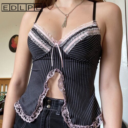 Y2k Women Unif Pink Lace Stitching Striped Thin Shoulder Strap Camisole Ins Sexy Chest Wearing Hot Girl Gothic Crop Tops