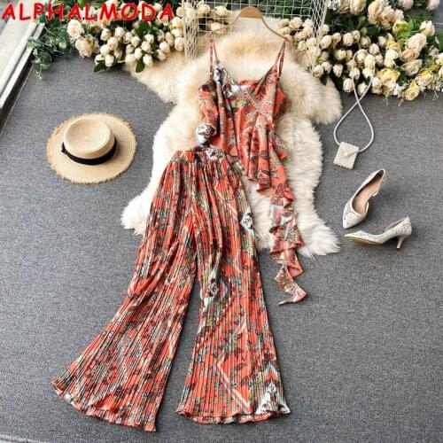 ALPHALMODA 2021 Sling Vest Top + Pleated Wide-leg Pants 2pcs Suit Women Ruffled Suspender Top + Trousers Set Bohomian Style