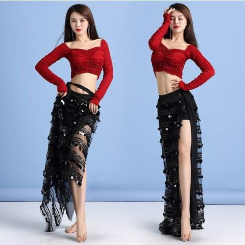 Sexy One Split Long Skirt Women Belly Dancing Costume 2 Pcs Top Skirt Bellydance Clothings