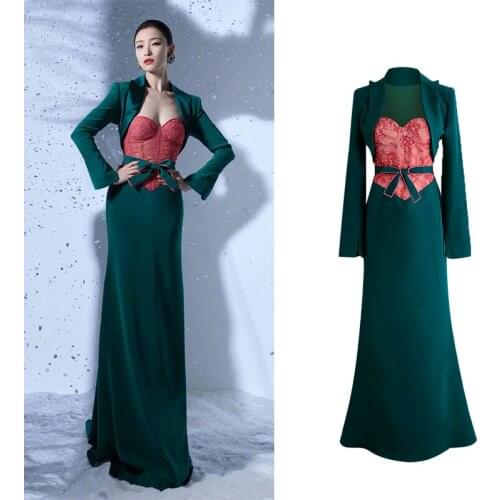 2021 new Autumn spring suit color contrast lace up party long sleeve slim jacket+dress super stars lover green pink high quality