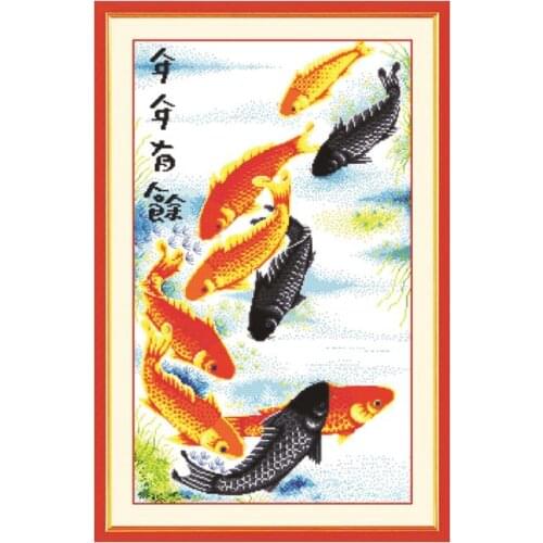 Surplus year after year cross stitch kit Chinese word fish pre-print 11ct hand embroidery DIY handmade needlework supplies bag
