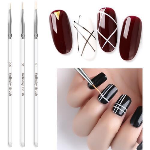 3Pcs Nail Art Brushes Thin Liner Drawing Pen Kolinsky Crystal Acrylic Painting Stripes Flower 2 side Nail Art Manicure Tools Set