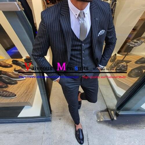 Costume Homme Popular Pinstripe Men Suit Slim Fit Wedding Groom Tuxedos Business Casual Blazers 3 Pieces (Jacket+Vest+Pants)